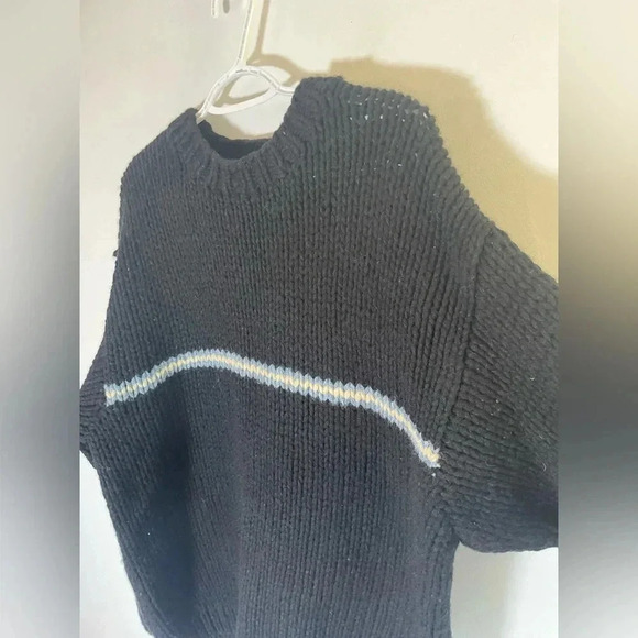 Vintage 90s‎ Mens J Crew Hand Knit Black Wool Chunky Striped Crew Sweater Sz L - Picture 3 of 8